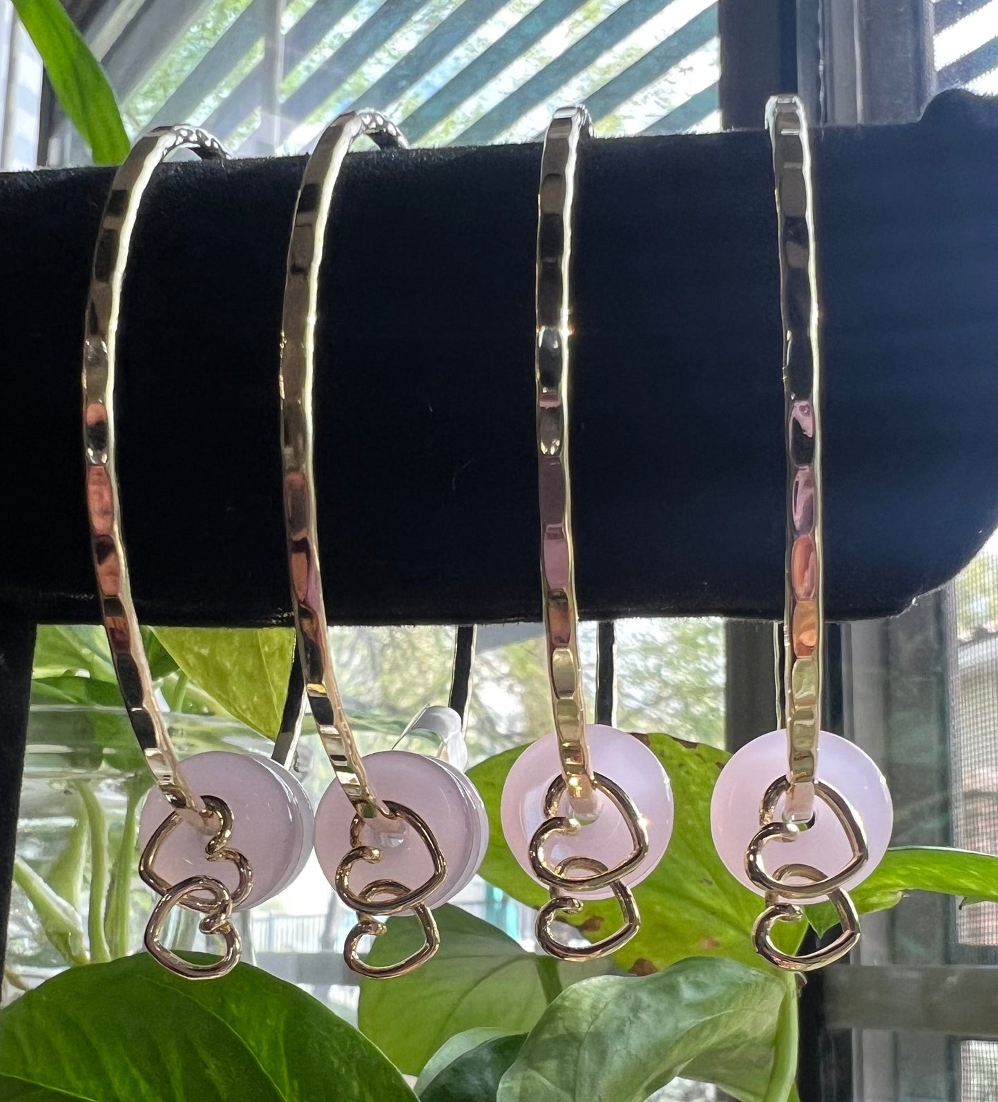 Dbl Heart Charm Bangle w/Pink Beads